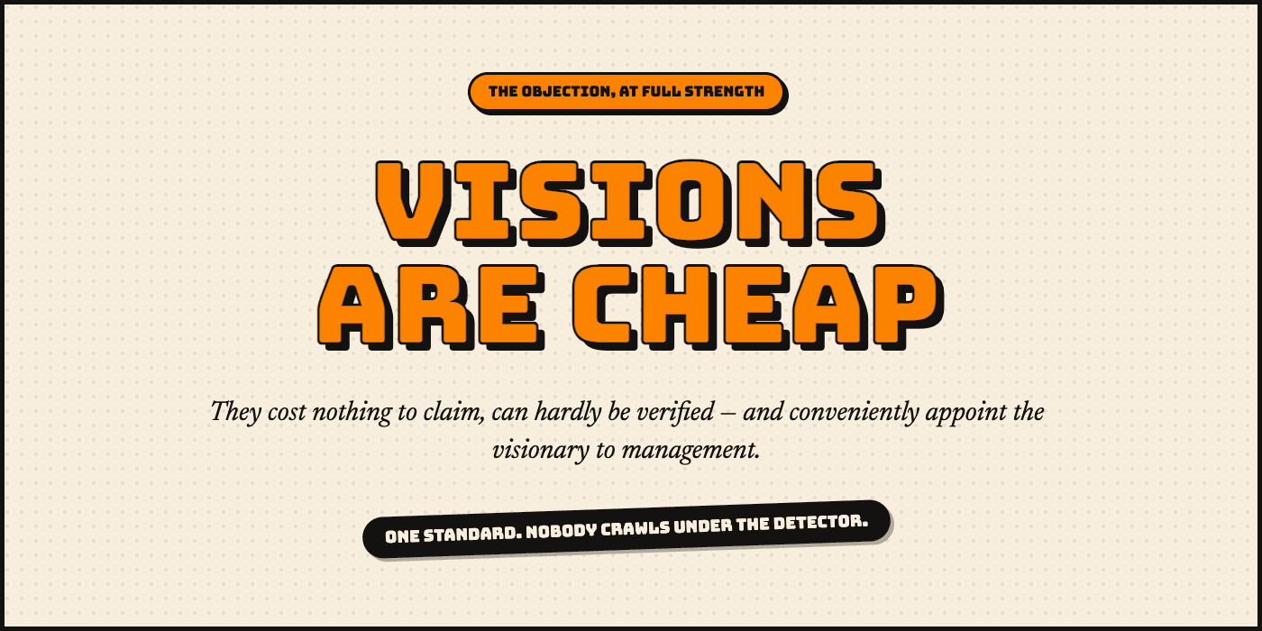 The objection, at full strength: Visions are cheap. They cost nothing to claim, can hardly be verified — and conveniently appoint the visionary to management. One standard. Nobody crawls under the detector.