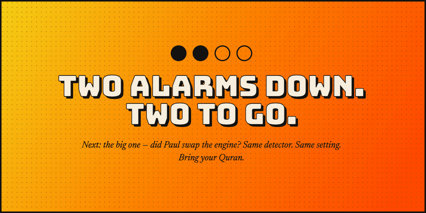 Two alarms down. Two to go. Four progress dots, two filled. Next: the big one — did Paul swap the engine? Same detector. Same setting. Bring your Quran.
