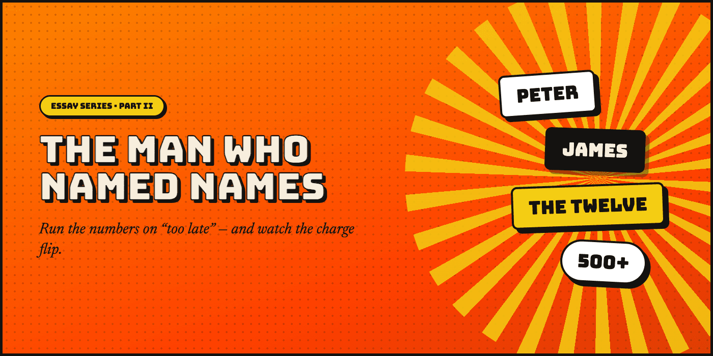 Essay series, Part II — The Man Who Named Names. Run the numbers on “too late” — and watch the charge flip. A comic sunburst with name chips: Peter, James, the Twelve, 500+.